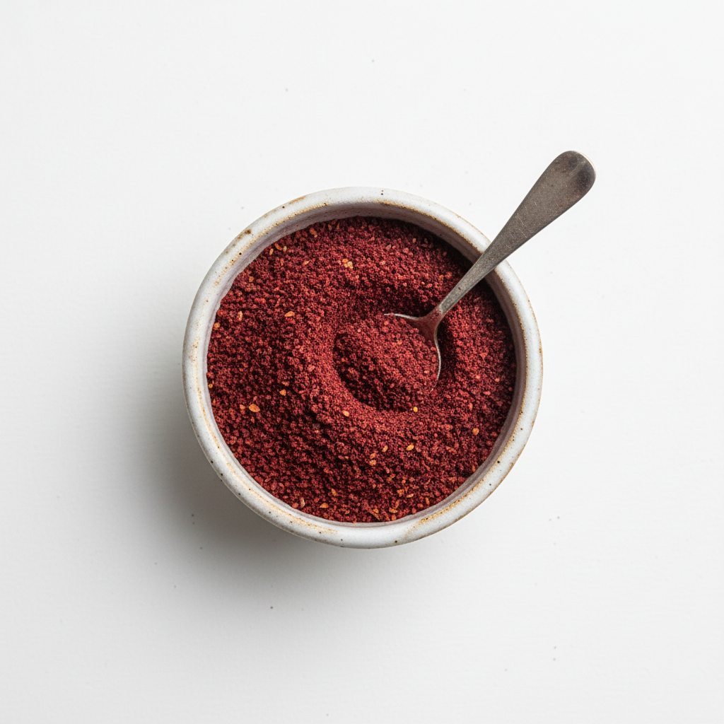 Sumac powder in a ceramic bowl on white background