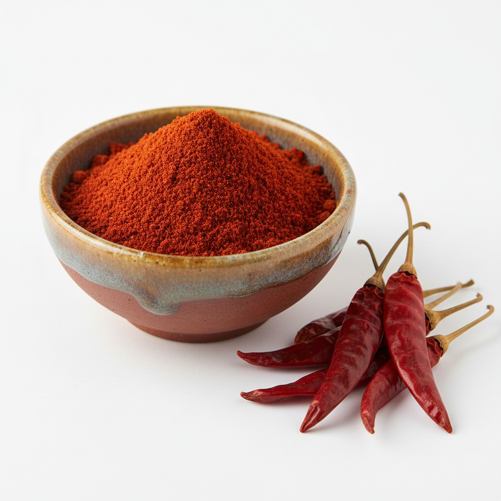 Chilli powder in a ceramic bowl with dried red chillies on white background