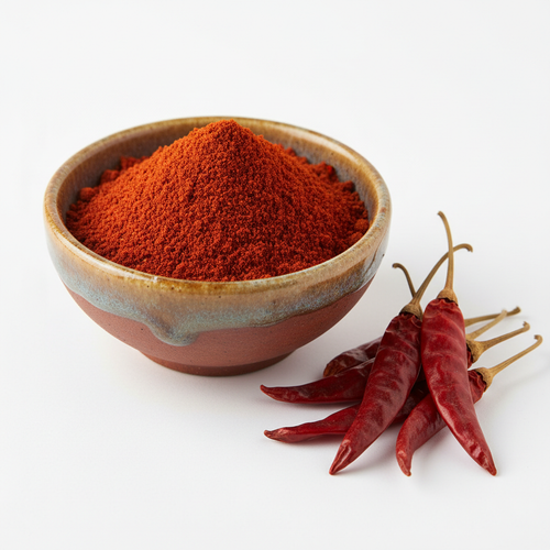 Chilli powder in a ceramic bowl with dried red chillies on white background