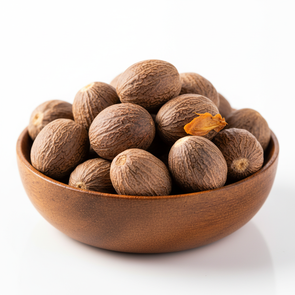 Whole nutmeg seeds in a wooden bowl on white background