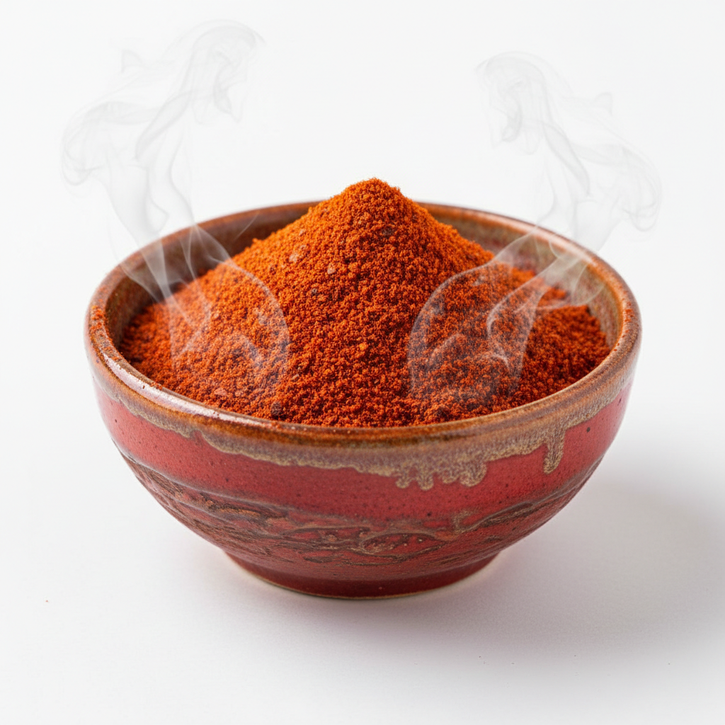 Smoked paprika powder in a ceramic bowl on white background