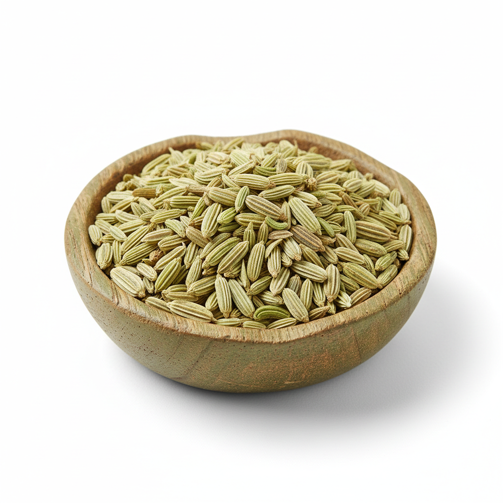 Fennel seeds in a wooden bowl on white background