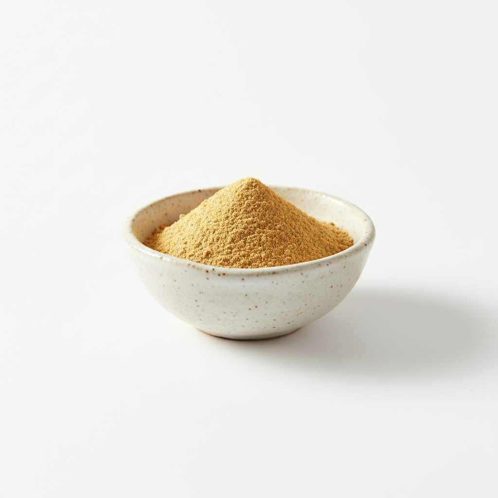 Ginger powder in a ceramic bowl on white background