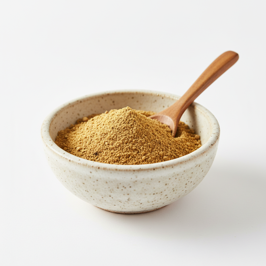 Ground coriander powder in a ceramic bowl on white background