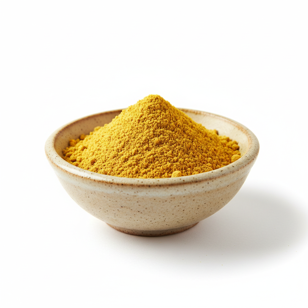 Mustard powder in a ceramic bowl on white background