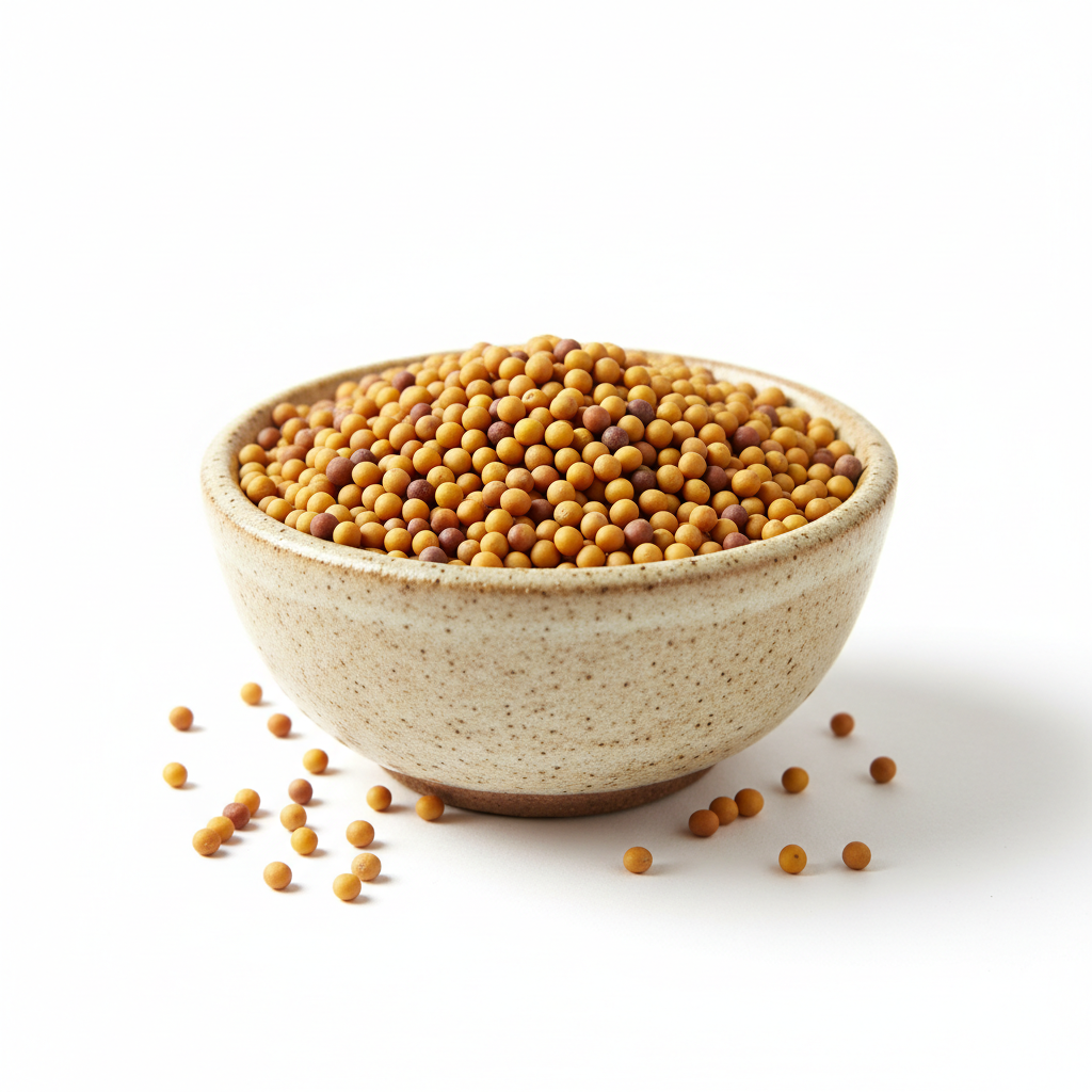 Whole mustard seeds in a ceramic bowl on white background
