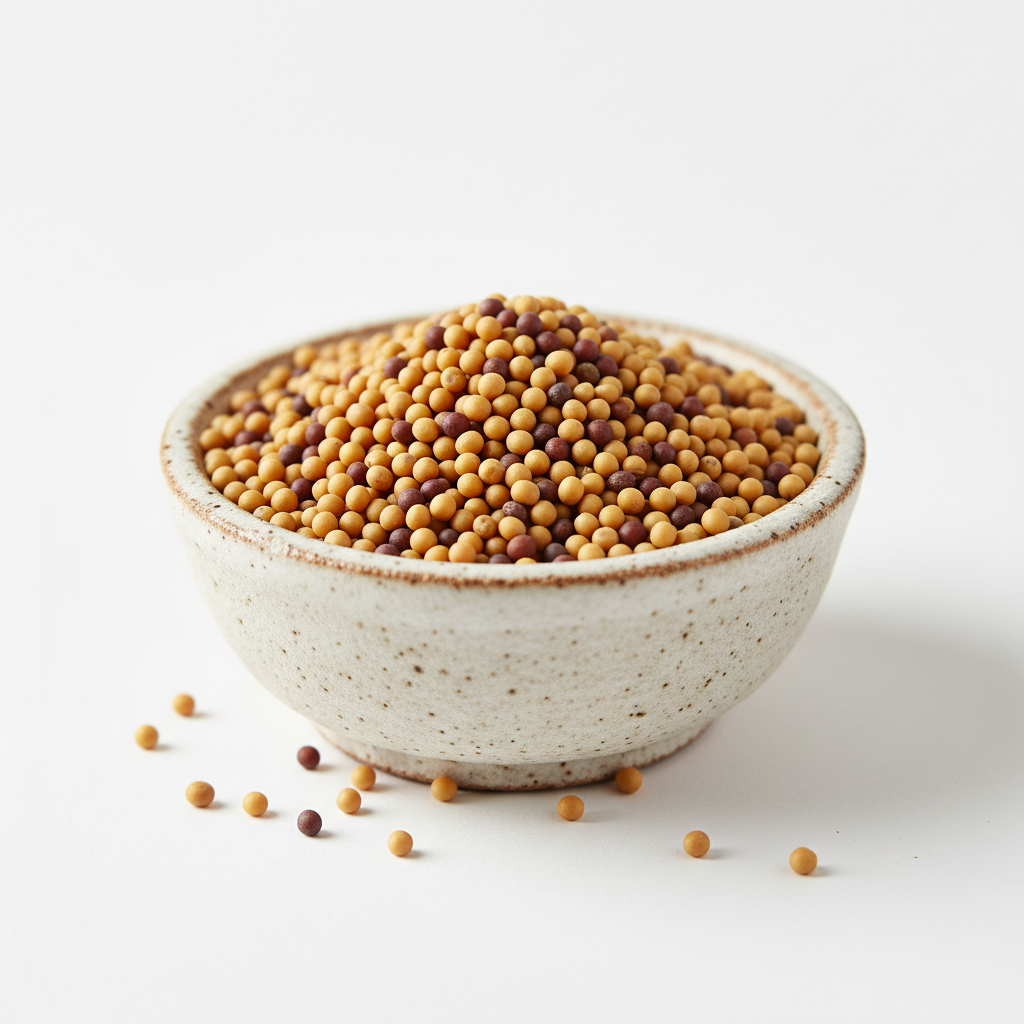 Mustard seeds in a ceramic bowl on white background