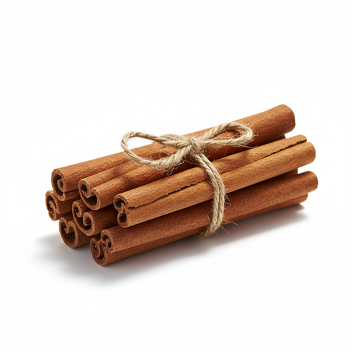 Cinnamon sticks bundled together on white background