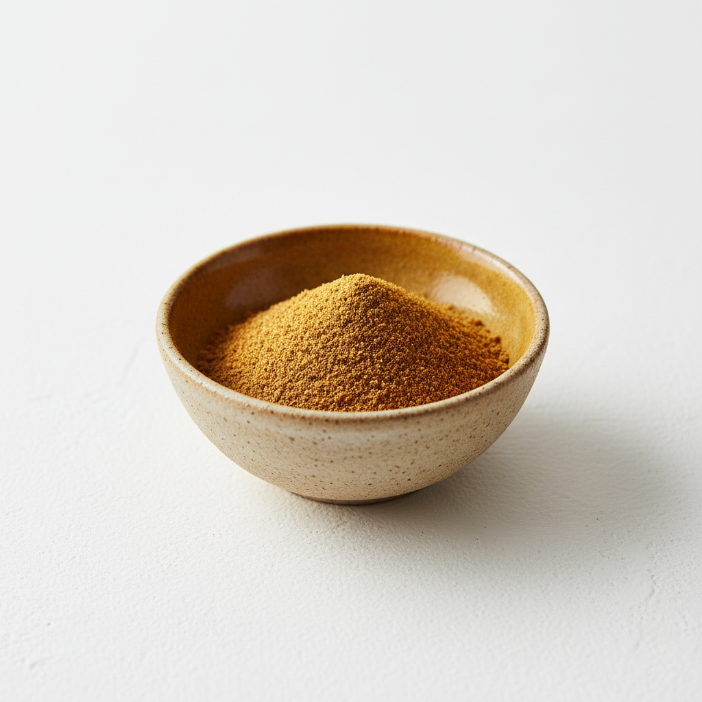 Ground cumin powder in a ceramic bowl on white background