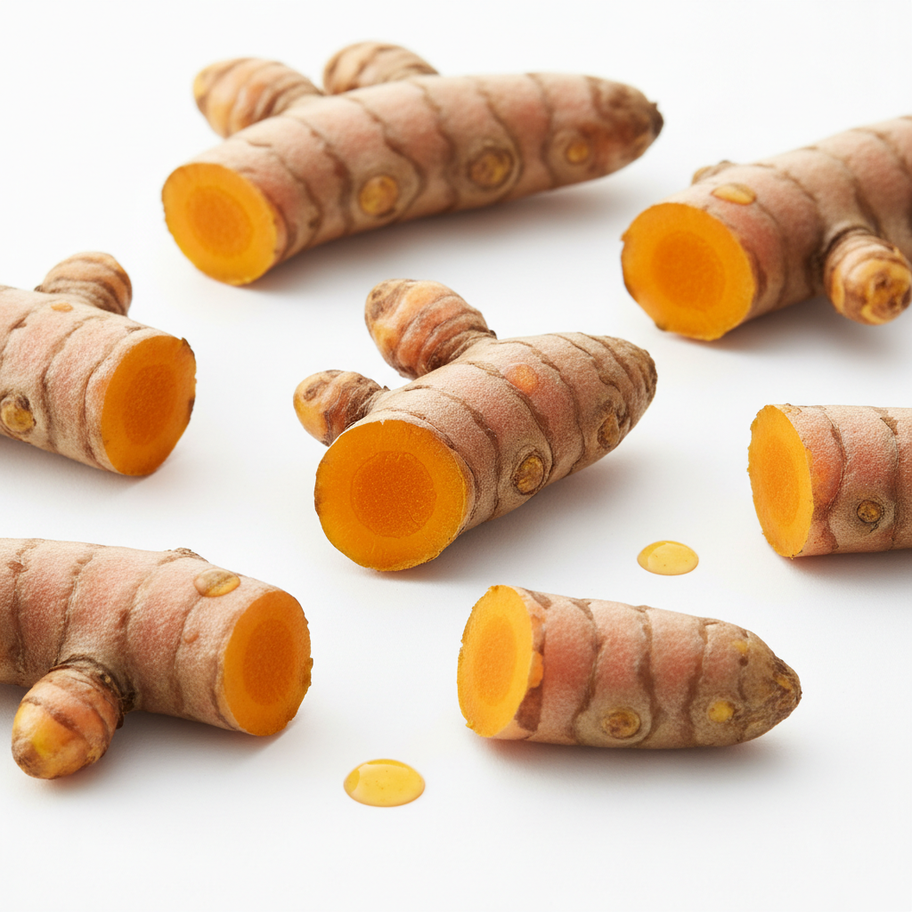 Fresh turmeric root pieces on white background
