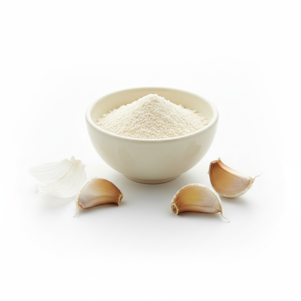 Garlic powder in a ceramic bowl with garlic cloves on white background