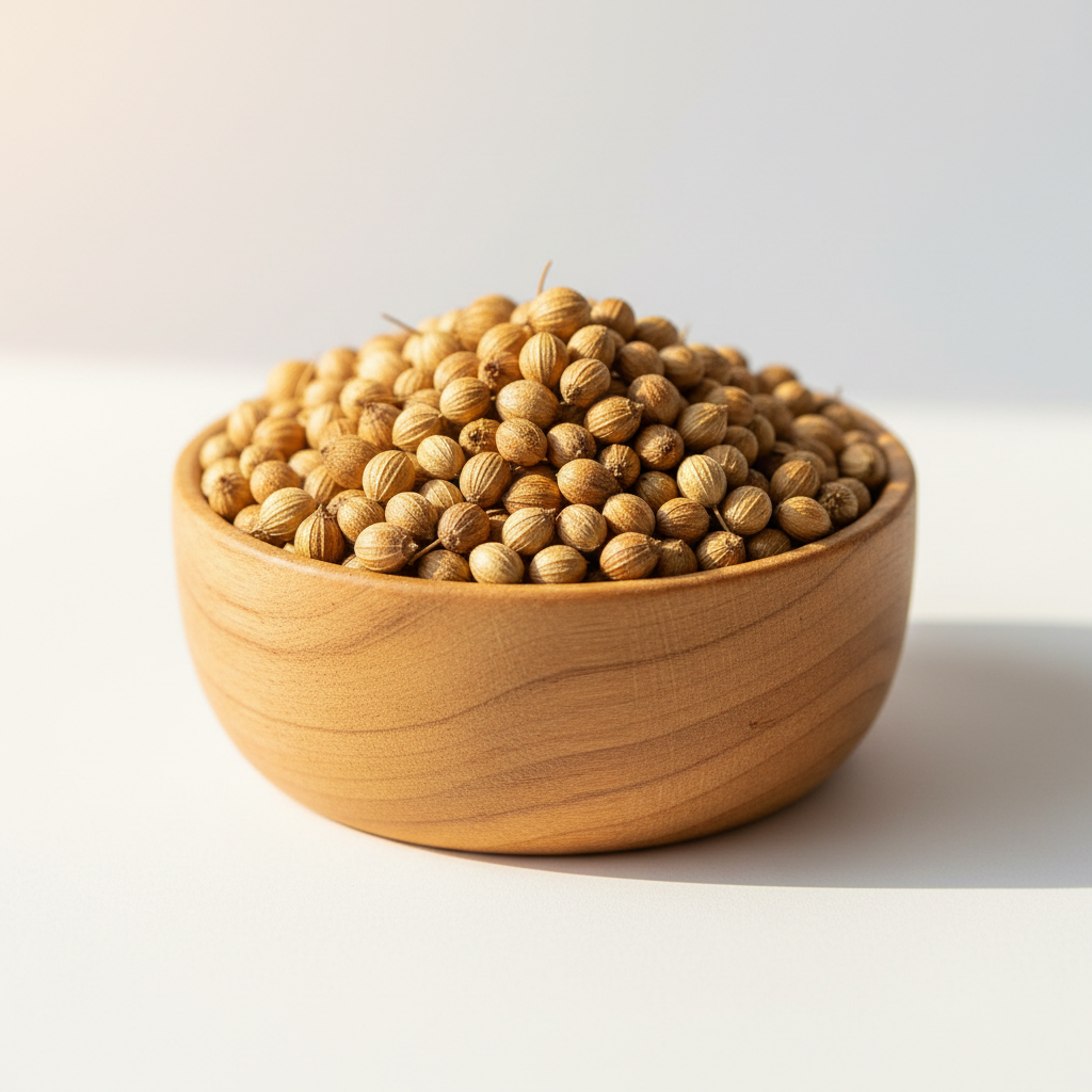 Whole coriander seeds in a wooden bowl on white background