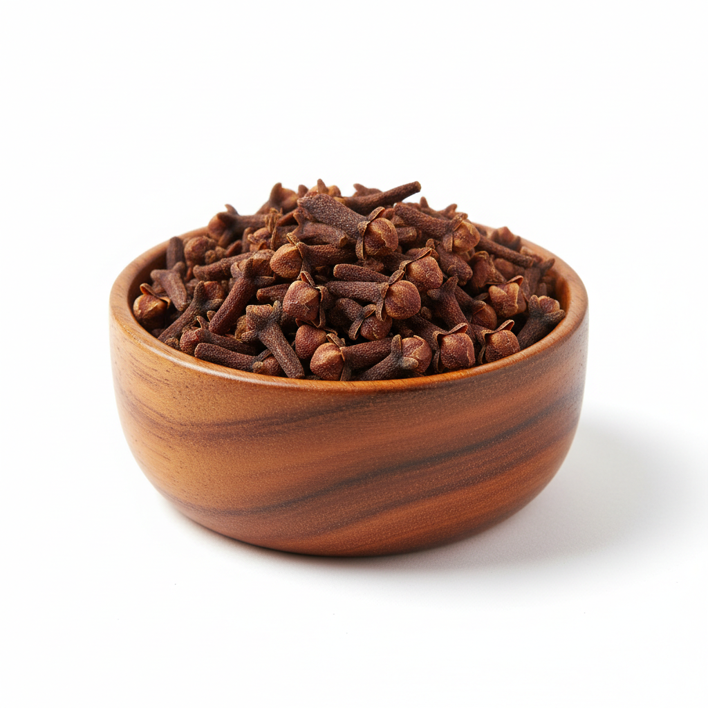 Whole cloves in a wooden bowl on white background