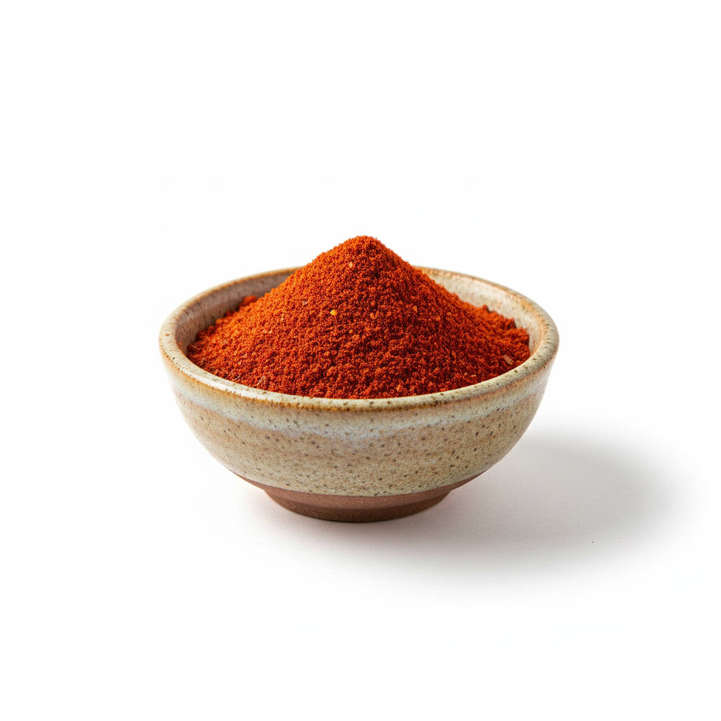 Cayenne pepper powder in a ceramic bowl on white background