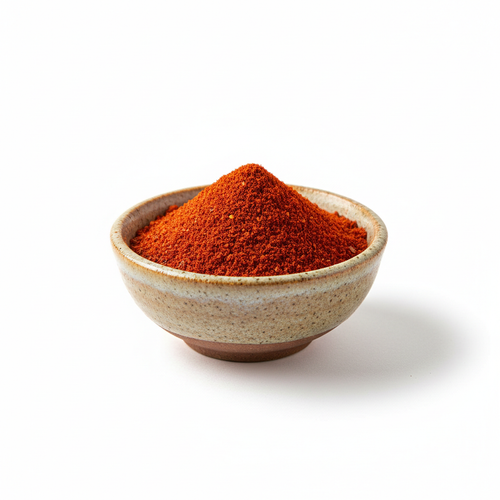 Cayenne pepper powder in a ceramic bowl on white background