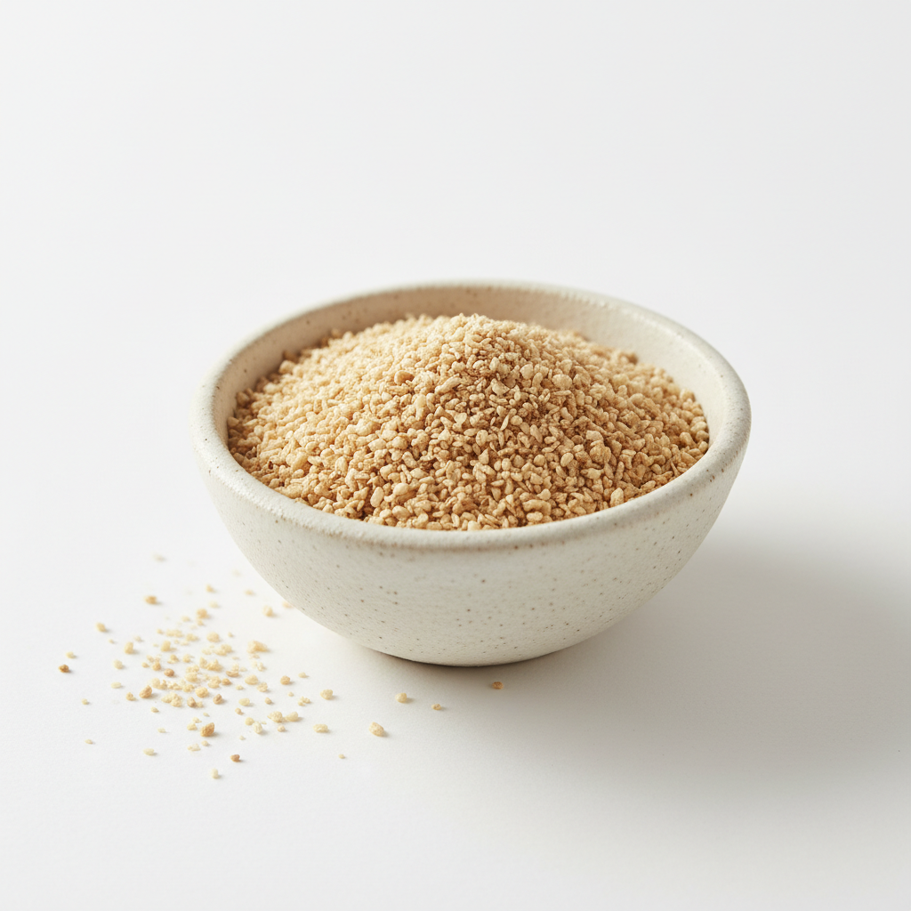 Garlic granules in a ceramic bowl on white background