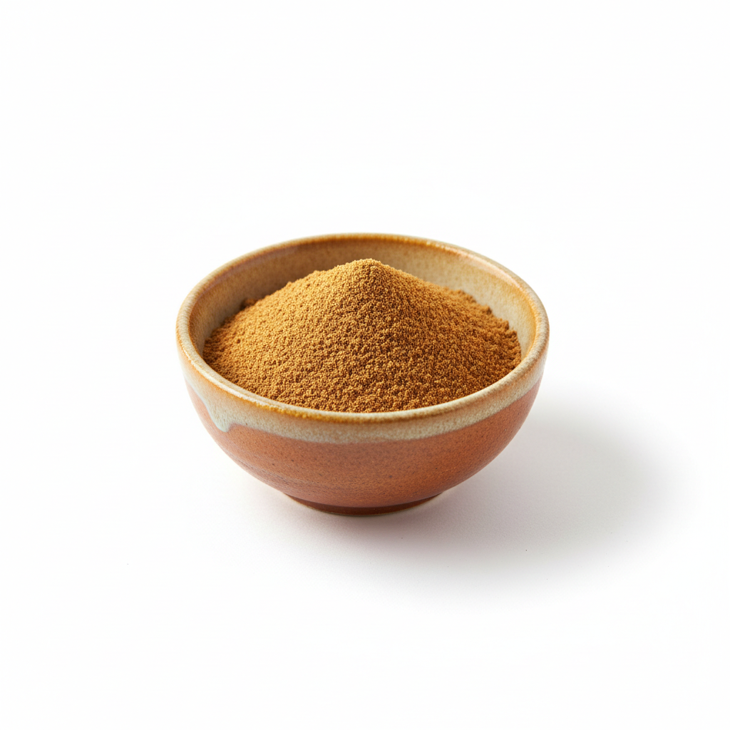 Ground nutmeg powder in a ceramic bowl on white background