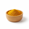 Turmeric powder in a wooden bowl on white background